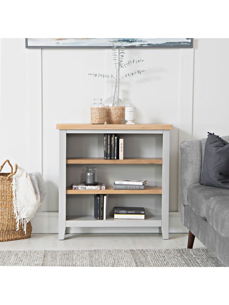 K Interiors Grey Oak Windsor Solid Wood Small Wide Bookcase - Image 1 of 5