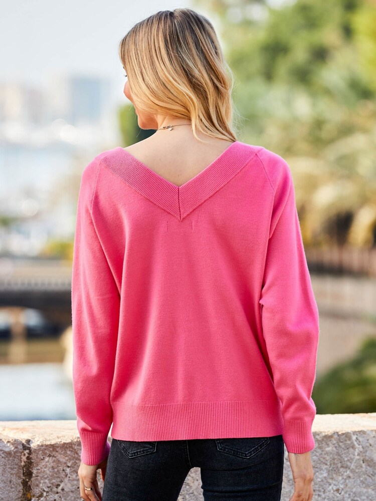 Sosandar Pink Off The Shoulder Wide Rib V Neck Jumper - Image 2 of 5