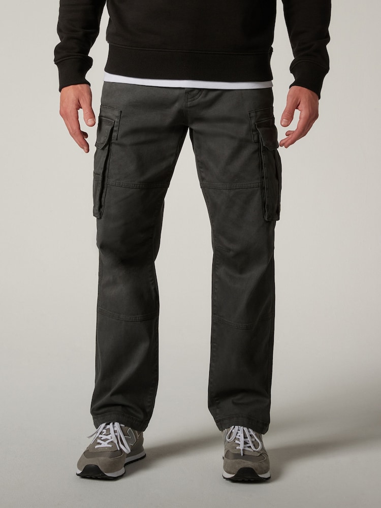 Charcoal Grey Straight Authentic Stretch Cotton Blend Cargo Trousers - Image 1 of 9