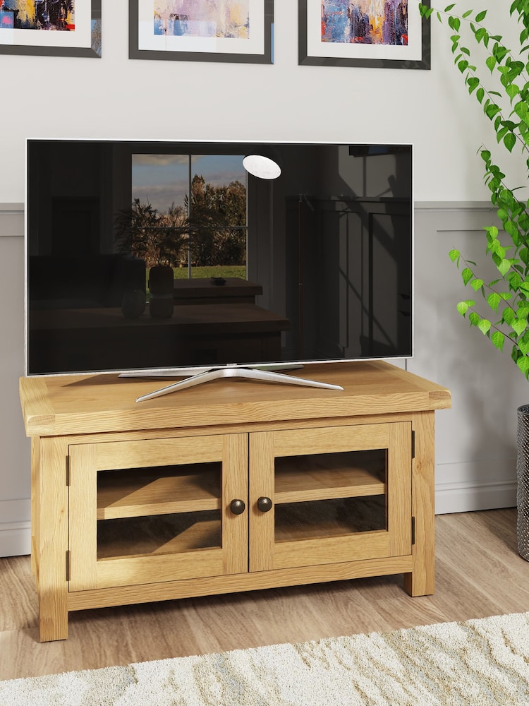 K Interiors Oak Canterbury Solid Wood Standard TV Unit with Glass Doors - Image 1 of 6