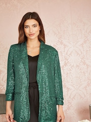 Yumi Dark Green Sequin Blazer With Pockets - Image 1 of 5