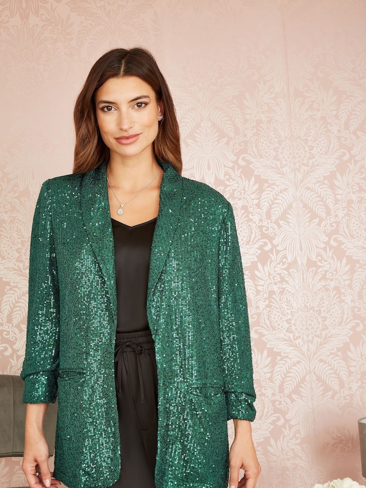 Yumi Dark Green Sequin Blazer With Pockets - Image 1 of 5 Yumi Dark Green Sequin Blazer With Pockets - Image 1 of 5