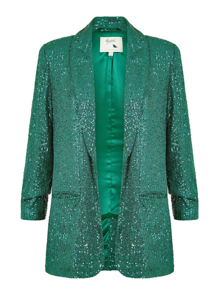 Yumi Dark Green Sequin Blazer With Pockets - Image 5 of 5