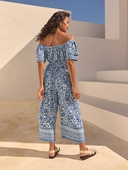 Blue/White Off Shoulder Wide Leg Jumpsuit - Image 2 of 7