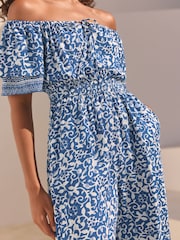 Blue/White Off Shoulder Wide Leg Jumpsuit - Image 4 of 7