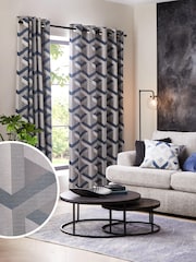 Navy Blue Jacquard Optical Geometric Unlined Eyelet Curtains - Image 1 of 5