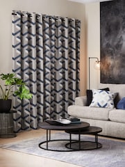 Navy Blue Jacquard Optical Geometric Unlined Eyelet Curtains - Image 2 of 5