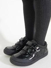 Toezone Black Kira  Rubber Patent Double Rip-Tape Unicorn School Shoes - Image 1 of 11