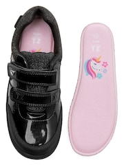 Toezone Black Kira  Rubber Patent Double Rip-Tape Unicorn School Shoes - Image 8 of 11