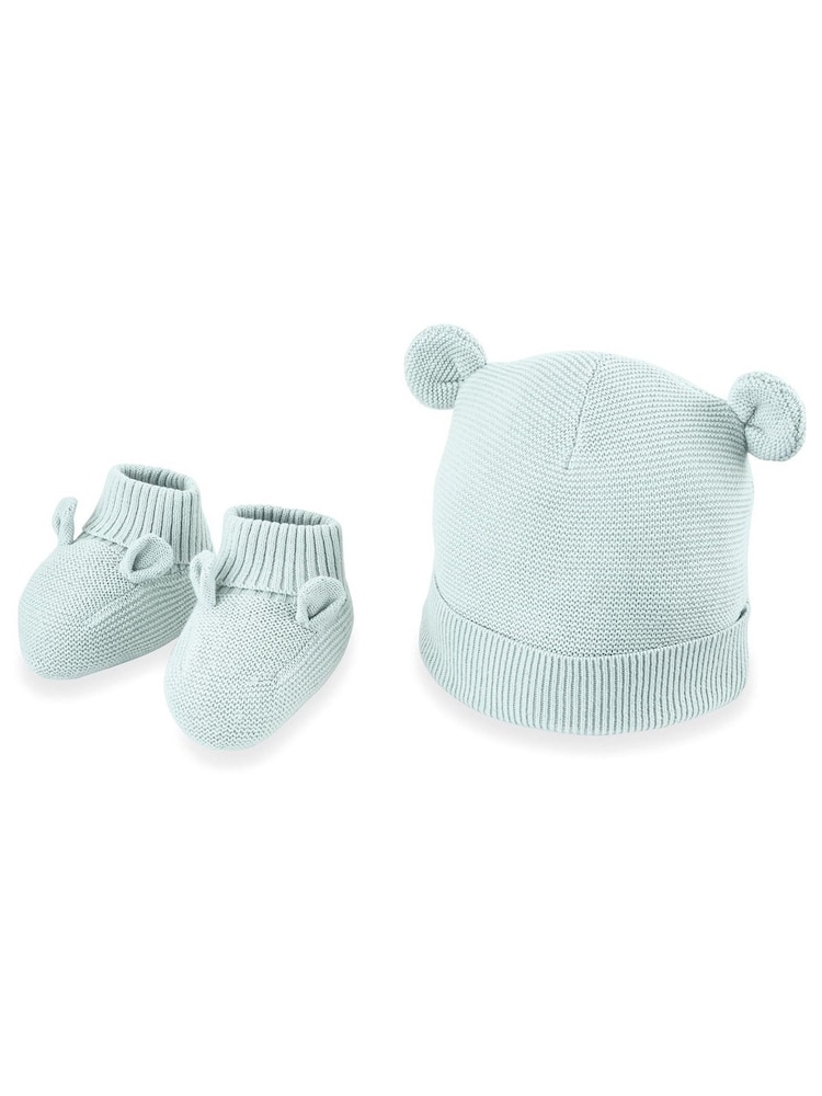 Mamas & Papas Green Knitted 100% Cotton Hat And Booties Set - Image 1 of 4