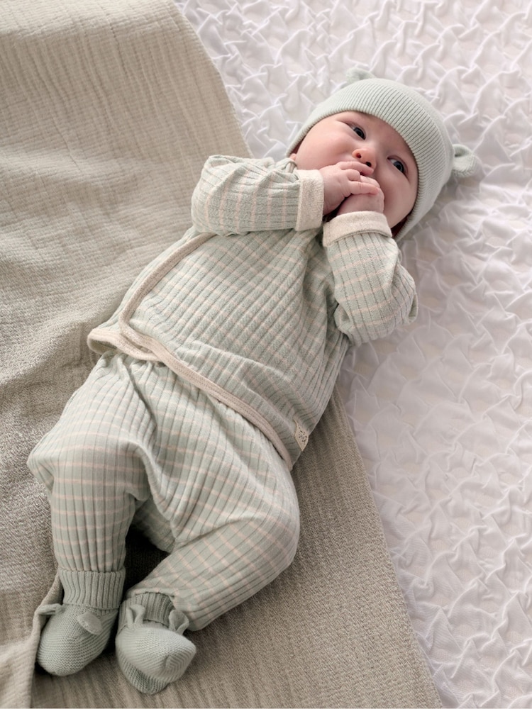 Mamas & Papas Green Knitted 100% Cotton Hat And Booties Set - Image 2 of 4