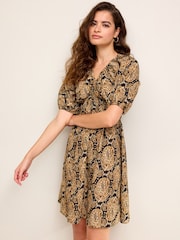 Schwarz/Braun mit Paisleymuster - Minikleid mit geraffter Taille - Bild 1 von 6