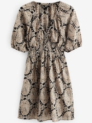 Schwarz/Braun mit Paisleymuster - Minikleid mit geraffter Taille - Bild 5 von 6