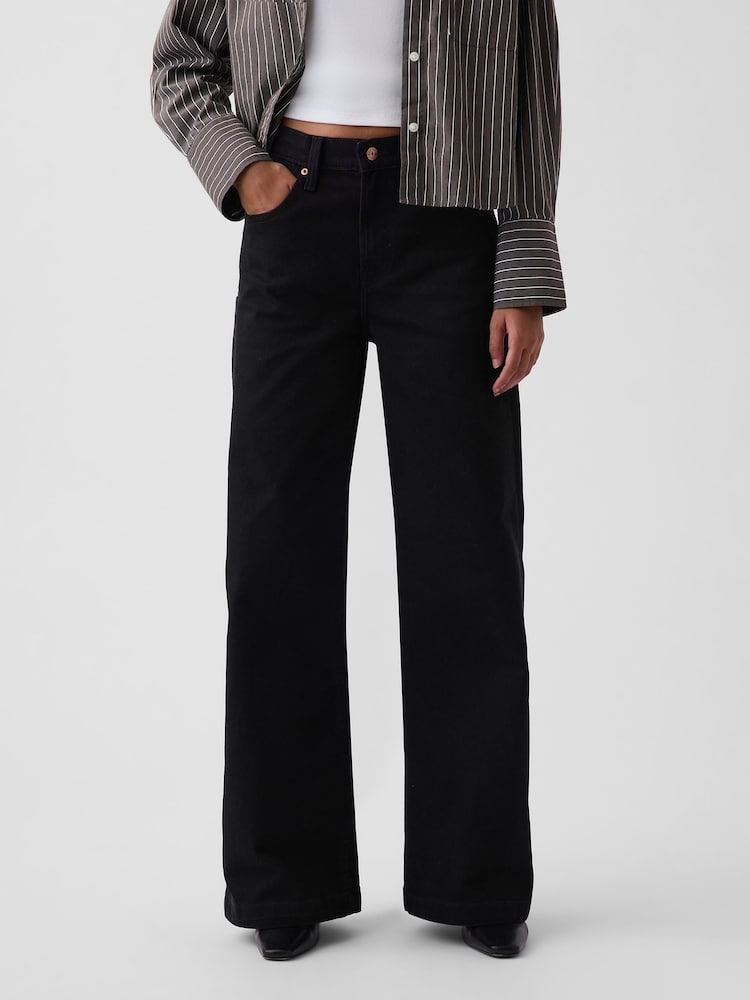 Gap Black High Waisted Stride Wide-Leg Jeans - Image 1 of 5 Gap Black High Waisted Stride Wide-Leg Jeans - Image 1 of 5
