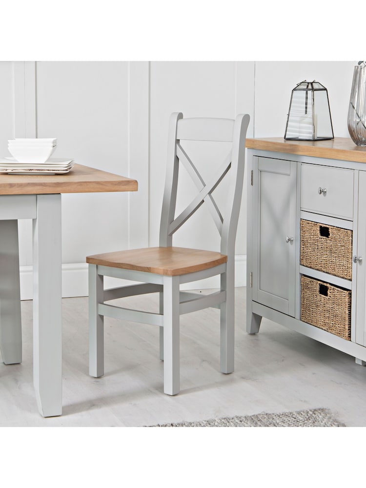 K Interiors Grey Oak Windsor Solid Wood Cross Back Wooden Seat Dining Chair Set of 2 - Image 1 of 5