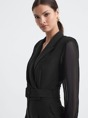 Reiss Black Flora Petite Sheer Belted Double Breasted Jumpsuit - Image 1 of 5