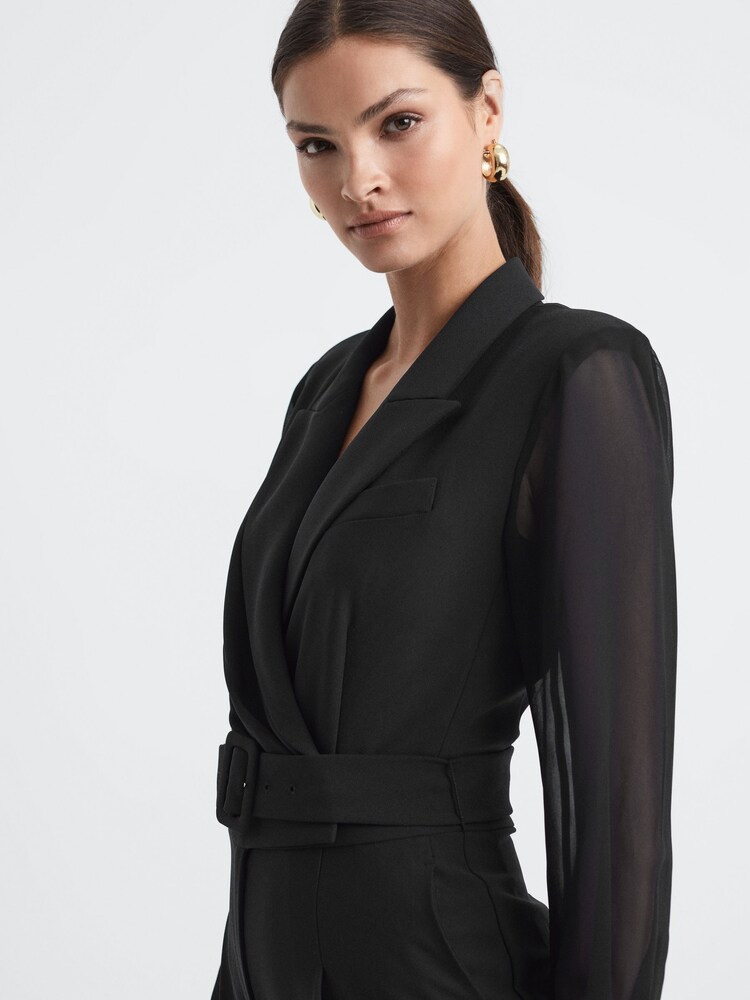 Reiss Black Flora Petite Sheer Belted Double Breasted Jumpsuit - Image 1 of 5