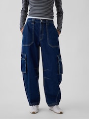 Gap Indigo Wash High Waisted Barrel Cargo Jeans - Image 1 of 6