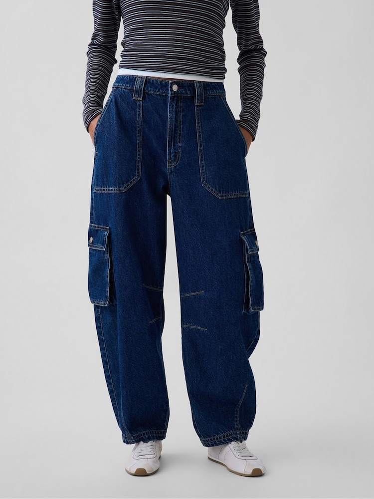 Gap Indigo Wash High Waisted Barrel Cargo Jeans - Image 1 of 6 Gap Indigo Wash High Waisted Barrel Cargo Jeans - Image 1 of 6