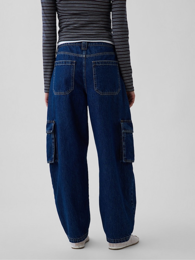 Gap Indigo Wash High Waisted Barrel Cargo Jeans - Image 2 of 6 Gap Indigo Wash High Waisted Barrel Cargo Jeans - Image 2 of 6