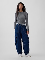 Gap Indigo Wash High Waisted Barrel Cargo Jeans - Image 4 of 6