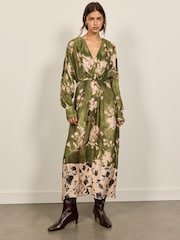 Kimono midikjole med blomstertryk i satin - Billede 3 af 5