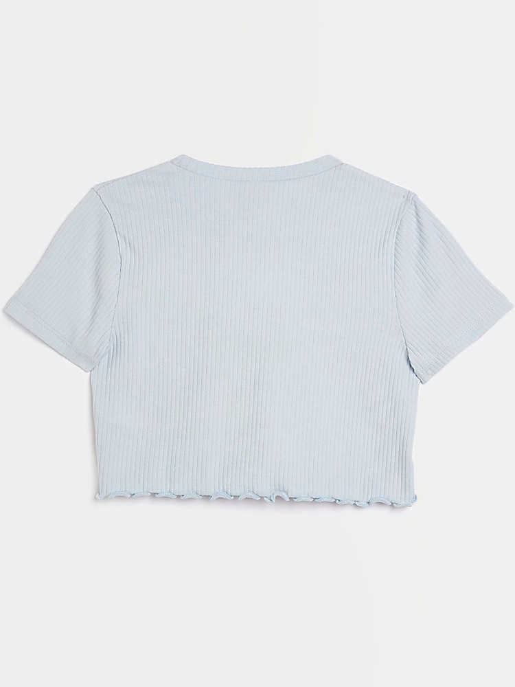 River Island Girls Blue Rib Lettuce Hem Top - Image 2 of 4 River Island Girls Blue Rib Lettuce Hem Top - Image 2 of 4