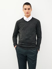 Dark Grey V-Neck Regular Soft Touch Knit Jumper - Image 1 of 6