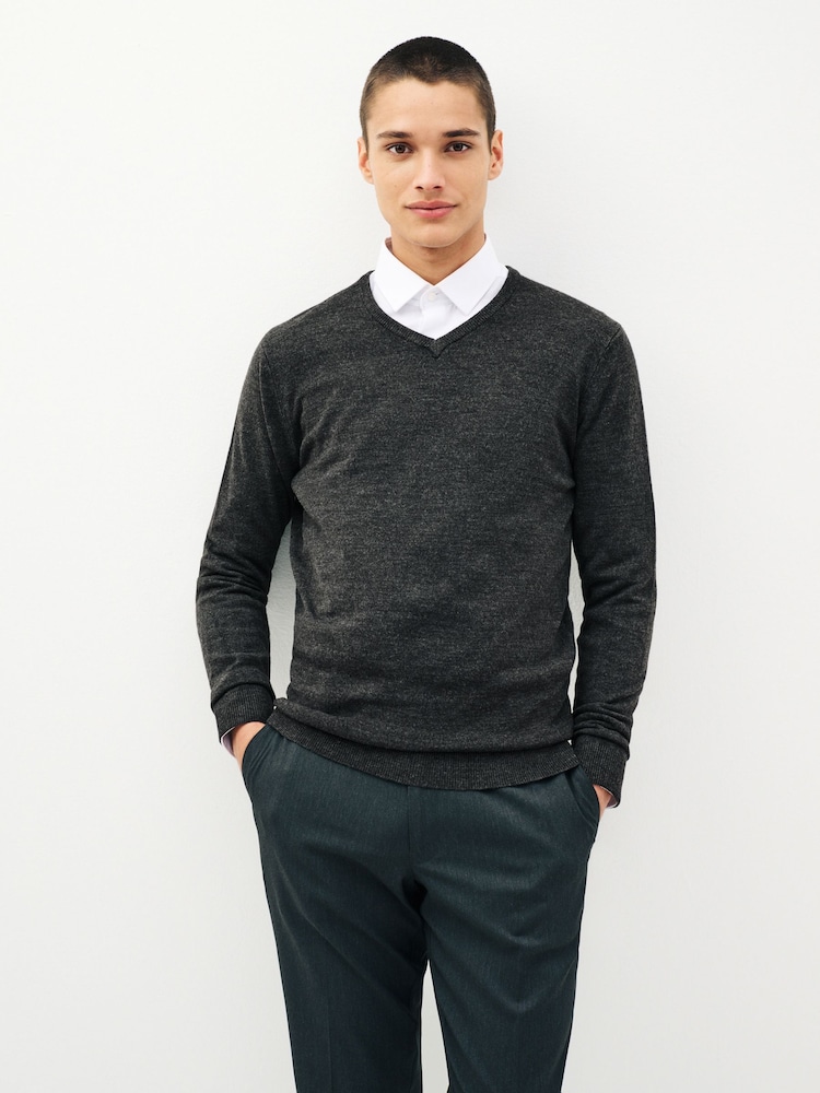 Dark Grey V-Neck Regular Soft Touch Knit Jumper - Image 1 of 6
