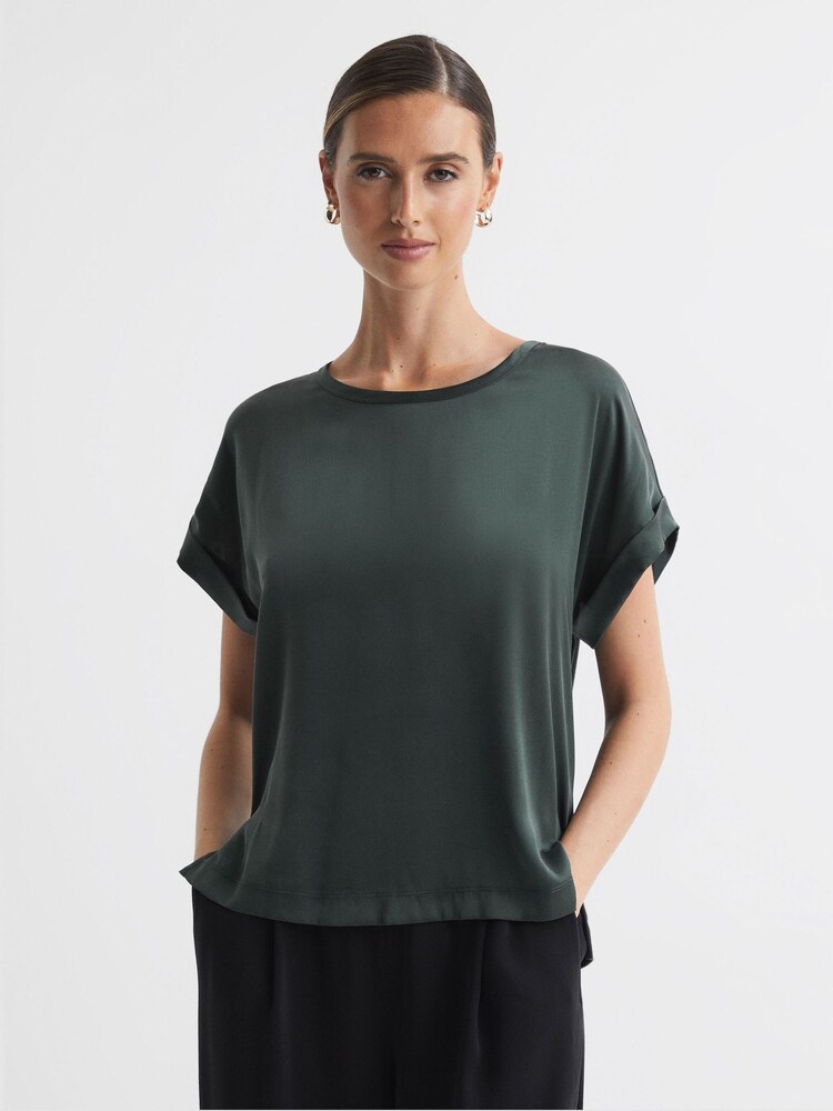 Reiss Emerald Helen Silk Front Crew Neck T-Shirt - Image 1 of 5