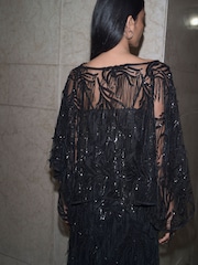 Black Tassel Embellished Sequin Long Sleeves Cape Top - Image 2 of 4