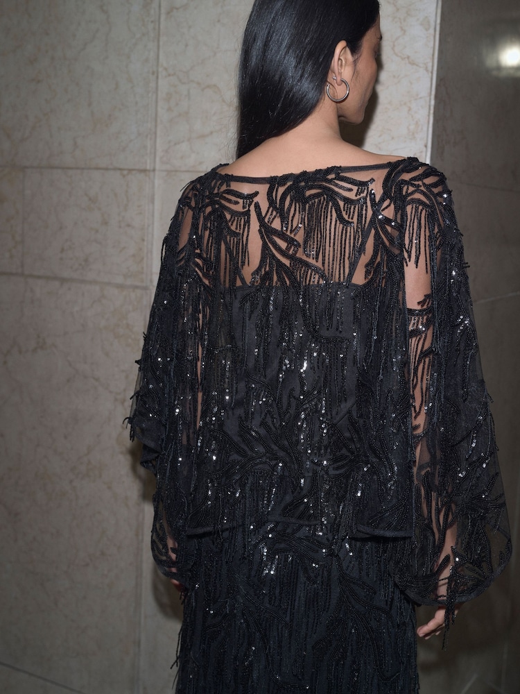 Black Tassel Embellished Sequin Long Sleeves Cape Top - Image 2 of 4