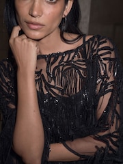Black Tassel Embellished Sequin Long Sleeves Cape Top - Image 4 of 4