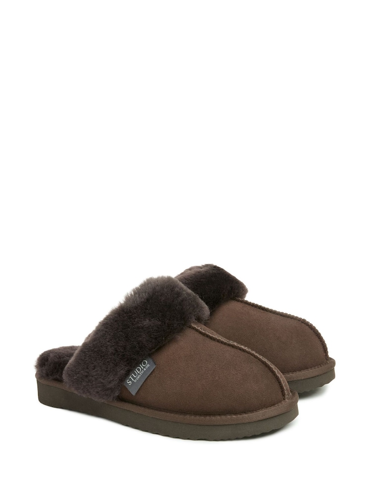 Celtic & Co. Brown Studio Fur Edge Mule Slippers - Image 1 of 6 Celtic & Co. Brown Studio Fur Edge Mule Slippers - Image 1 of 6