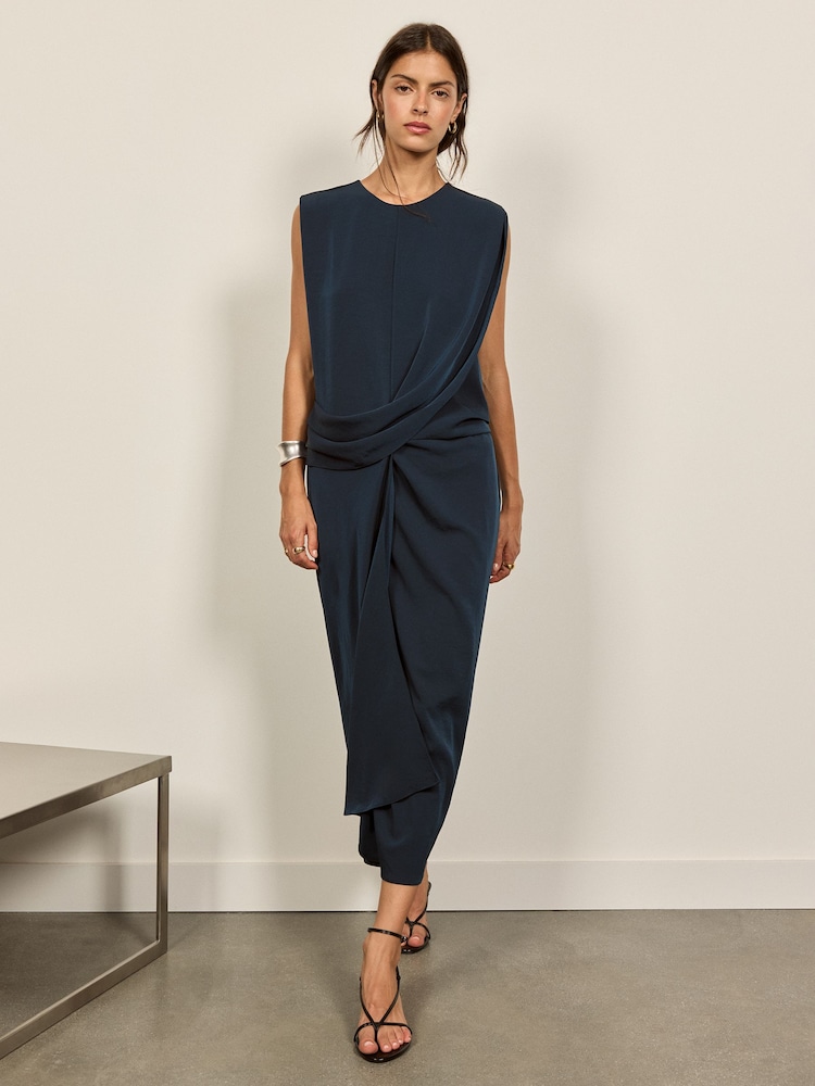BHOEM Blue/Green Satin Sleeveless Draped Midi Dress - Image 1 of 5 BHOEM Blue/Green Satin Sleeveless Draped Midi Dress - Image 1 of 5