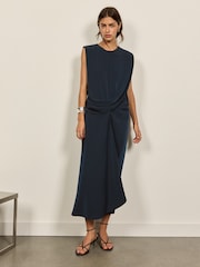 BHOEM Blue/Green Satin Sleeveless Draped Midi Dress - Image 3 of 5