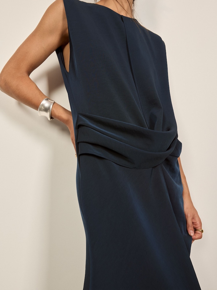 BHOEM Blue/Green Satin Sleeveless Draped Midi Dress - Image 5 of 5 BHOEM Blue/Green Satin Sleeveless Draped Midi Dress - Image 5 of 5