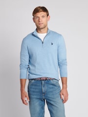 U.S. Polo Assn. Blue Mens Funnel Neck Quarter Zip Knit Jumper - Image 1 of 7