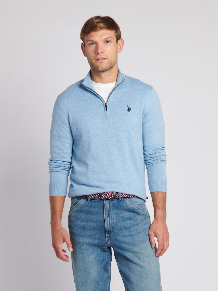 U.S. Polo Assn. Blue Mens Funnel Neck Quarter Zip Knit Jumper - Image 1 of 7