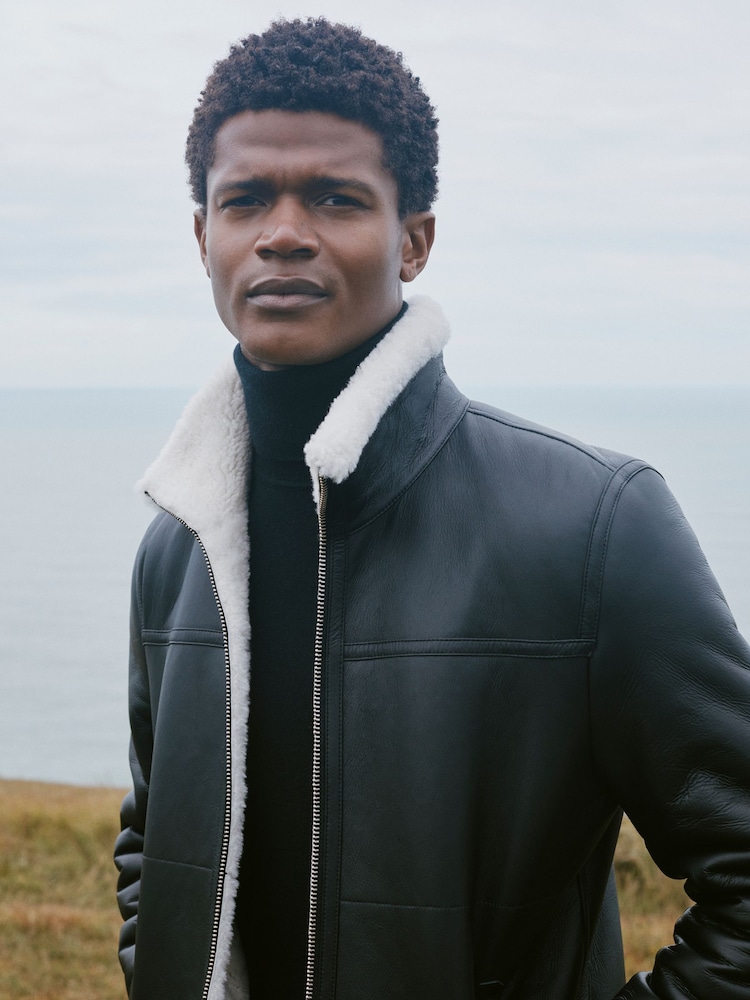 Reiss Black Brankos Leather Sheepskin Jacket - Image 1 of 6