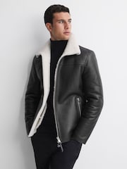Reiss Black Brankos Leather Sheepskin Jacket - Image 3 of 6