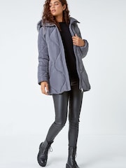 Roman Grey Quilted Faux Fur Hooded Coat - Image 1 of 5