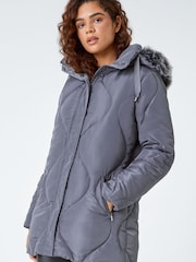 Roman Grey Quilted Faux Fur Hooded Coat - Image 2 of 5