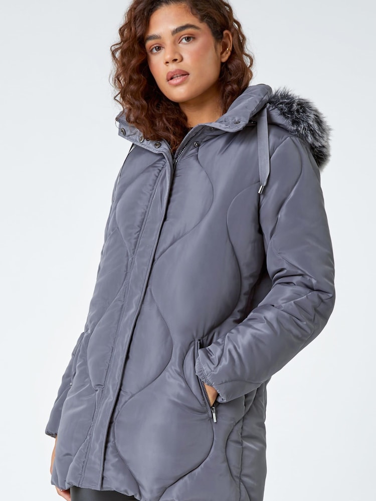 Roman Grey Quilted Faux Fur Hooded Coat - Image 2 of 5