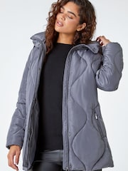 Roman Grey Quilted Faux Fur Hooded Coat - Image 4 of 5