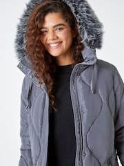 Roman Grey Quilted Faux Fur Hooded Coat - Image 5 of 5