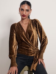 Gold Velvet Long Sleeve Wrap Top - Image 1 of 6