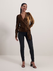Gold Velvet Long Sleeve Wrap Top - Image 2 of 6