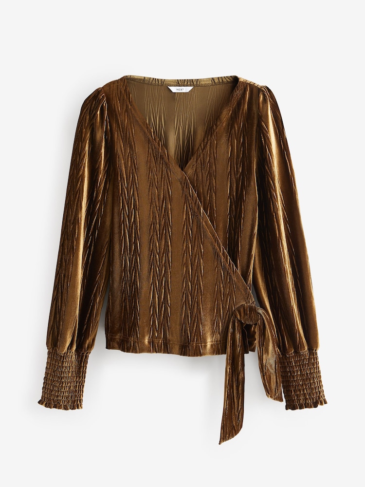 Gold Velvet Long Sleeve Wrap Top - Image 5 of 6