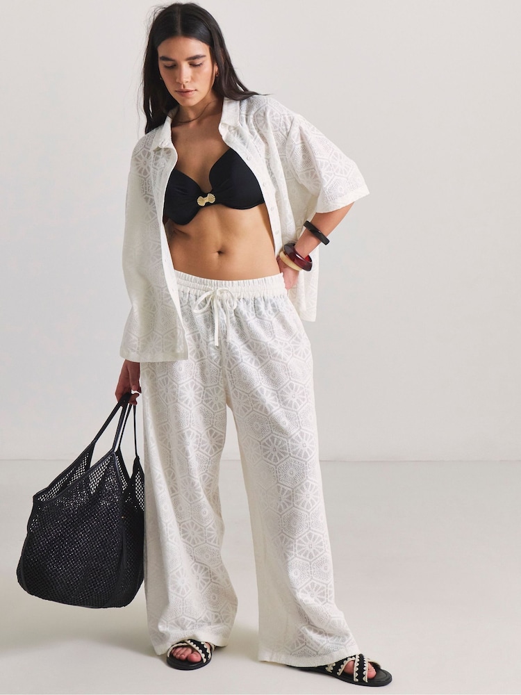 Simply Be White Lace Shirt And Trouser Beach Co-ord - Image 1 of 4 Simply Be White Lace Shirt And Trouser Beach Co-ord - Image 1 of 4